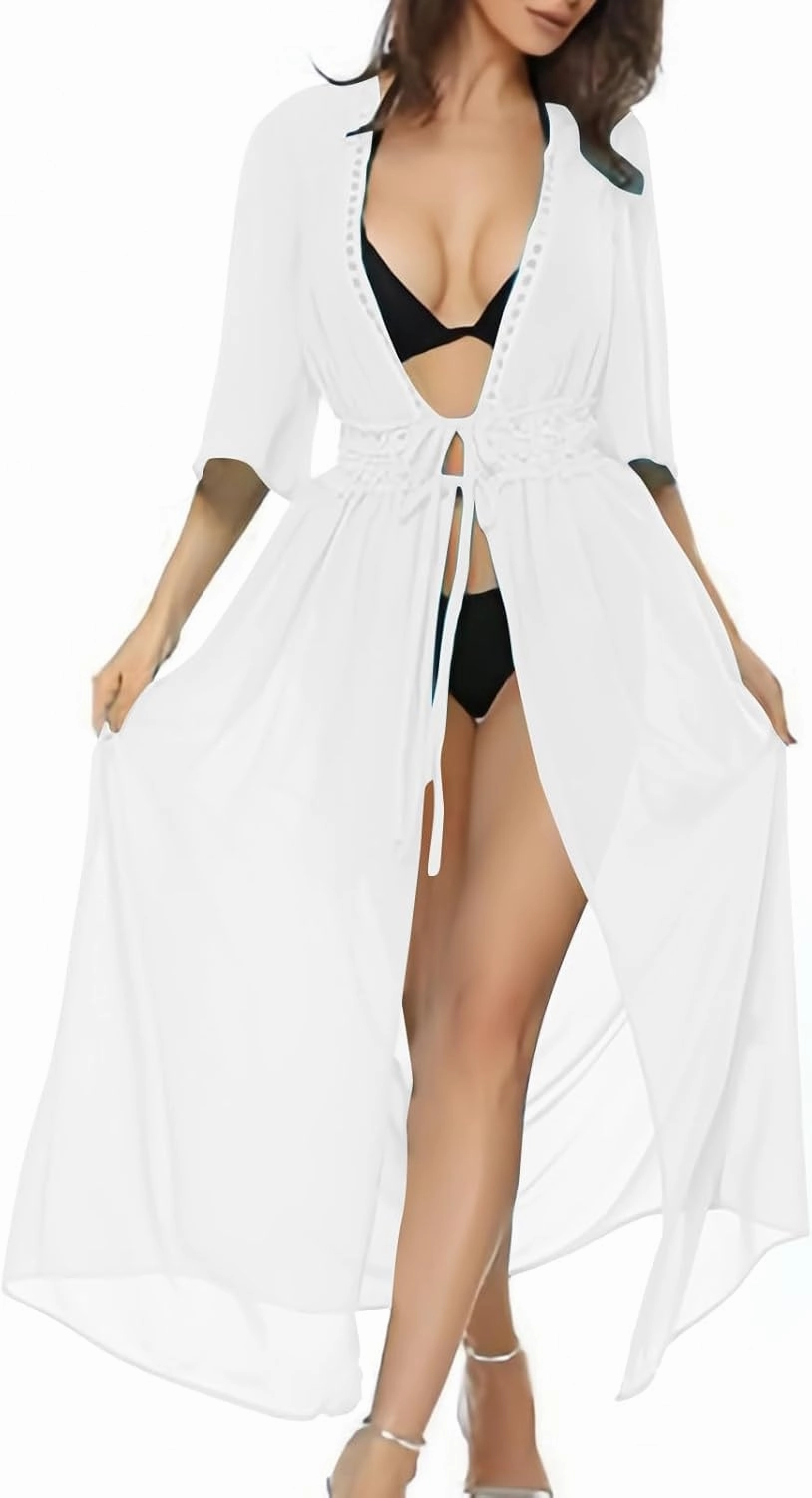Women Swimsuit Cover Up Shirt Sexy Fashion Tie Front Beach Dress Plain Long Swimsuit Cover Up Vacation Outfits