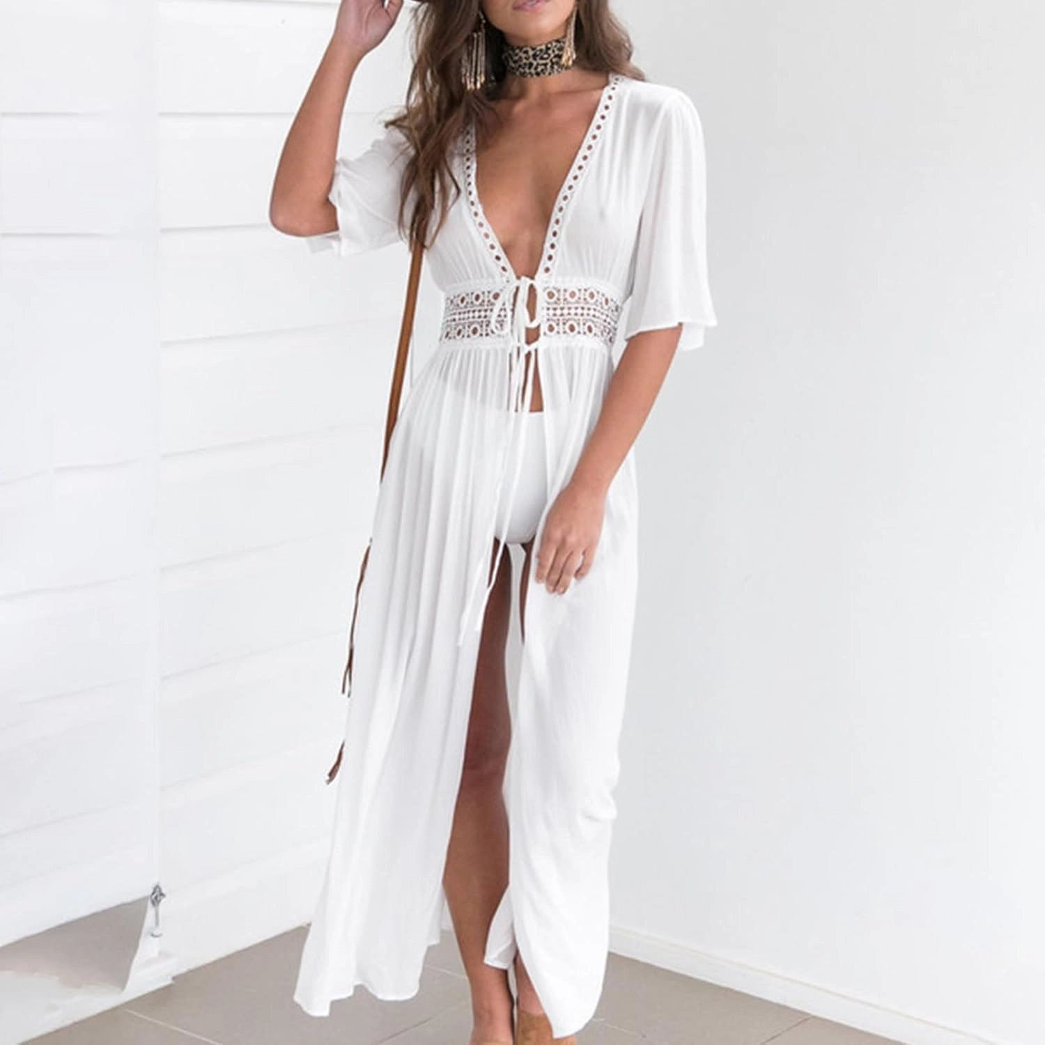 Women Swimsuit Cover Up Shirt Sexy Fashion Tie Front Beach Dress Plain Long Swimsuit Cover Up Vacation Outfits