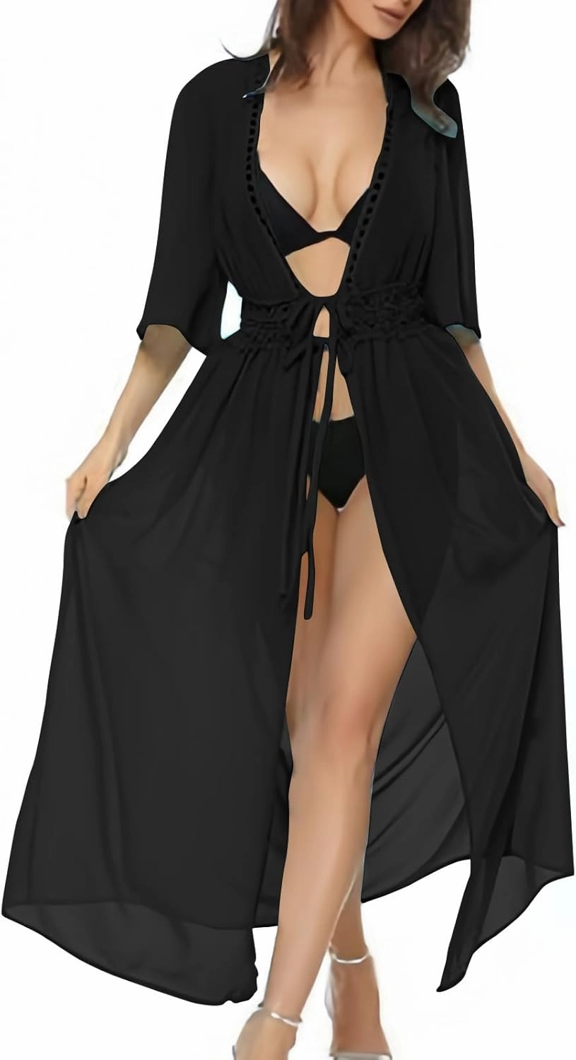 Women Swimsuit Cover Up Shirt Sexy Fashion Tie Front Beach Dress Plain Long Swimsuit Cover Up Vacation Outfits