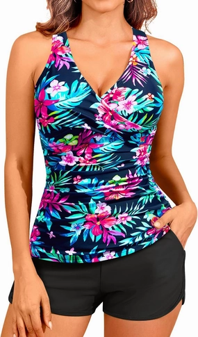 Women Tankini Swimsuits with Shorts - Two Piece Tummy Control Bathing Suits Top with Two Pockets Bottom Swimwear