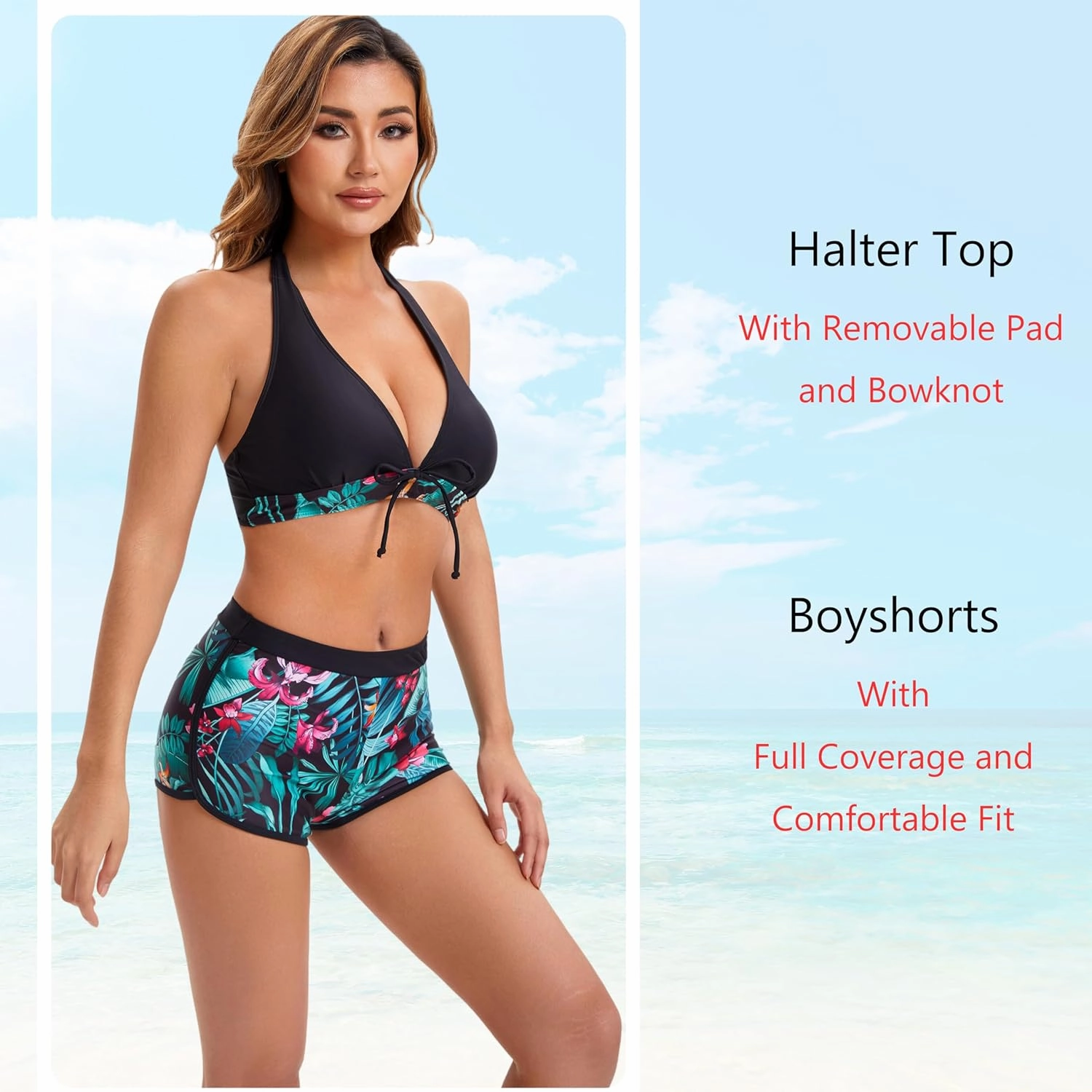 Women Two Piece Swimsuit Bathing Suits Floral Tropical High Waisted Beachwear Board Shorts Halter Tops