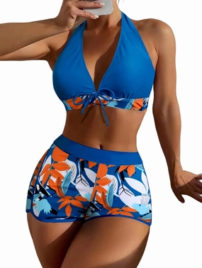 Women Two Piece Swimsuit Bathing Suits Floral Tropical High Waisted Beachwear Board Shorts Halter Tops
