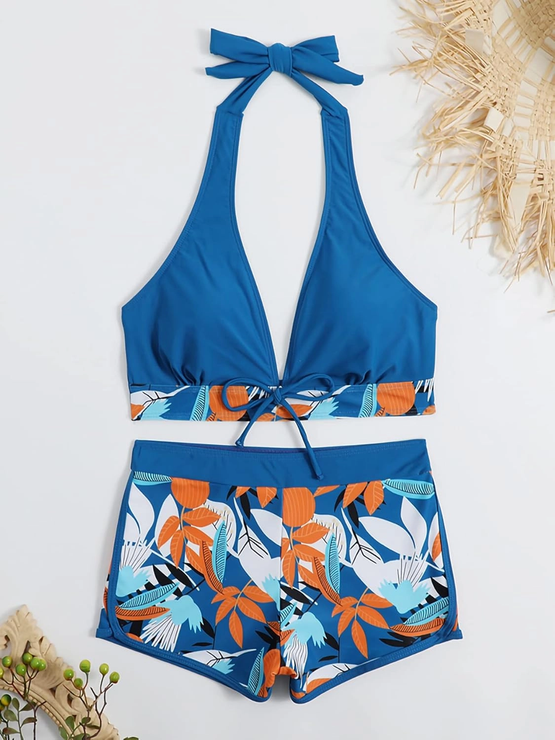 Women Two Piece Swimsuit Bathing Suits Floral Tropical High Waisted Beachwear Board Shorts Halter Tops