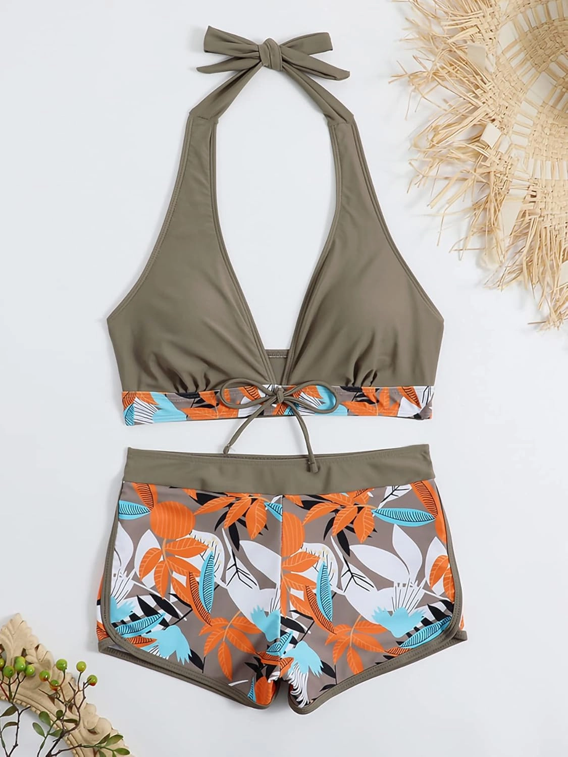 Women Two Piece Swimsuit Bathing Suits Floral Tropical High Waisted Beachwear Board Shorts Halter Tops