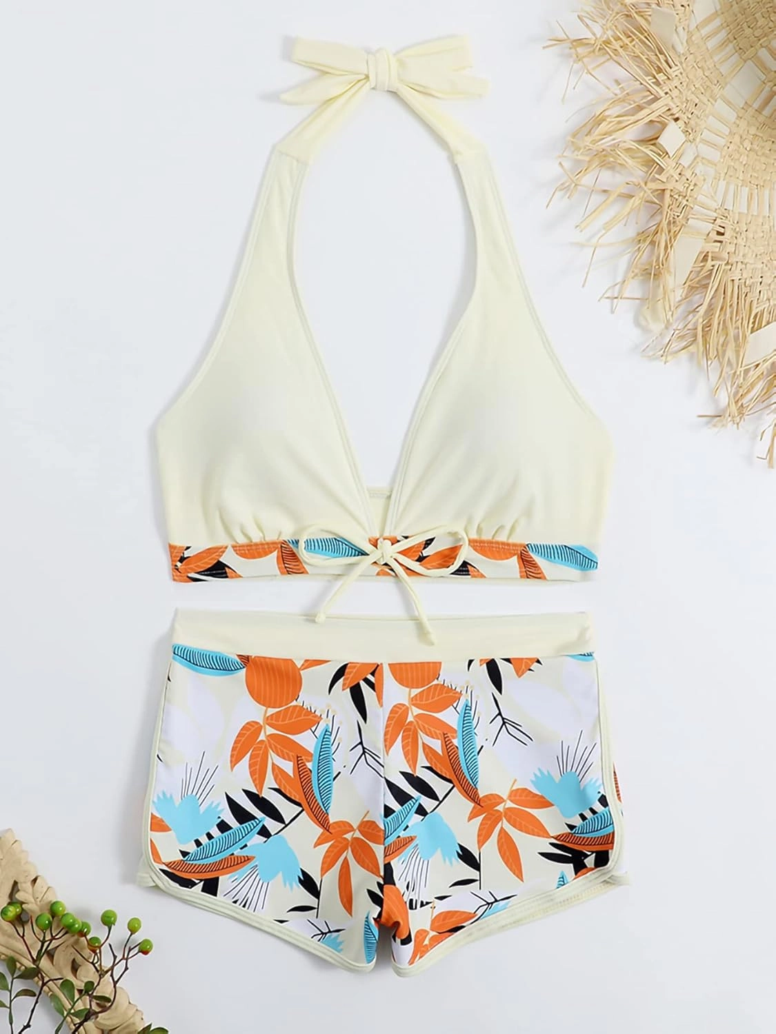 Women Two Piece Swimsuit Bathing Suits Floral Tropical High Waisted Beachwear Board Shorts Halter Tops