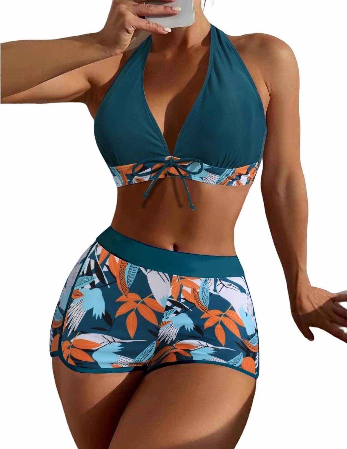 Women Two Piece Swimsuit Bathing Suits Floral Tropical High Waisted Beachwear Board Shorts Halter Tops