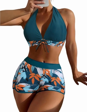 Women Two Piece Swimsuit Bathing Suits Floral Tropical High Waisted Beachwear Board Shorts Halter Tops