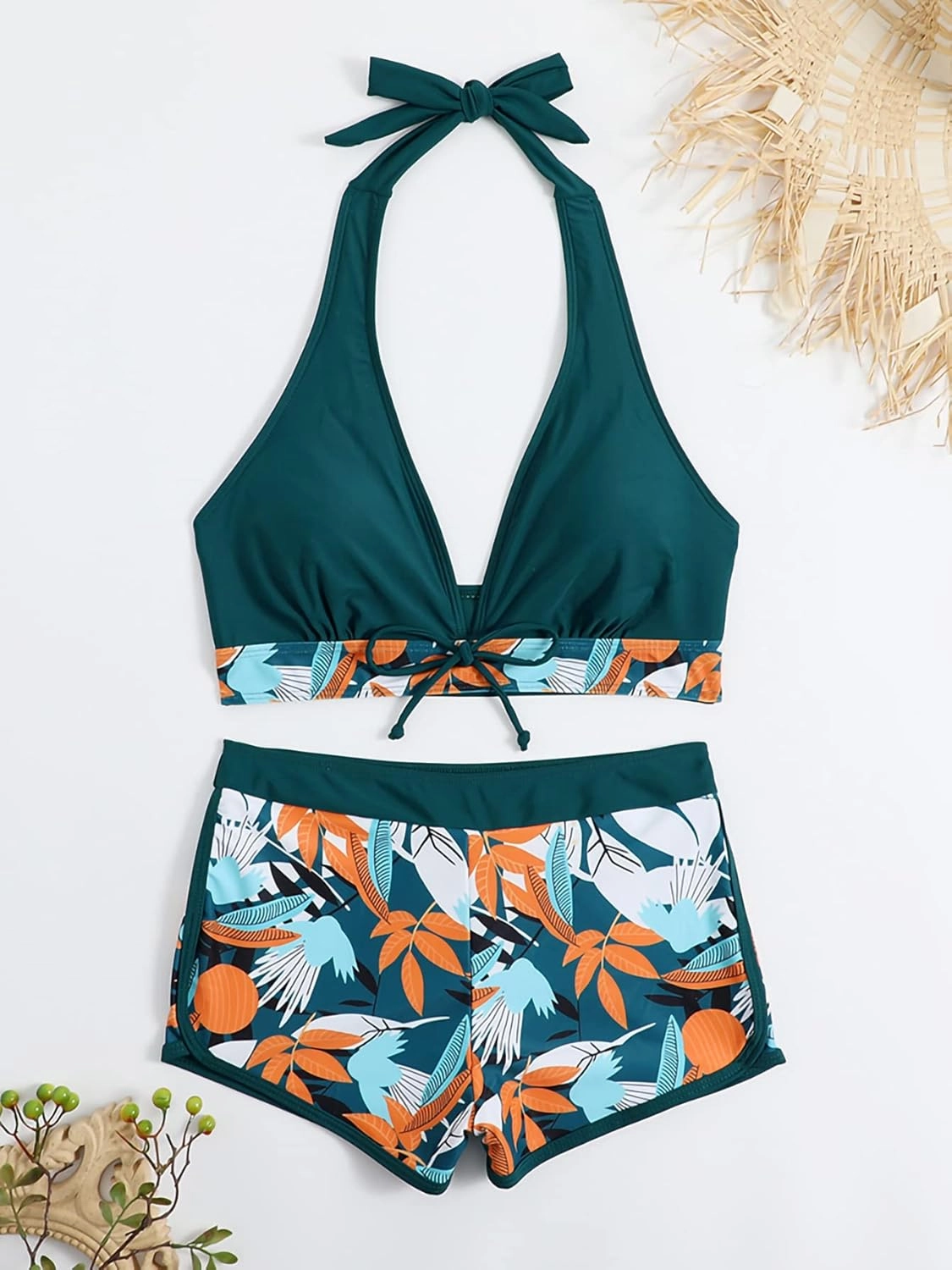 Women Two Piece Swimsuit Bathing Suits Floral Tropical High Waisted Beachwear Board Shorts Halter Tops