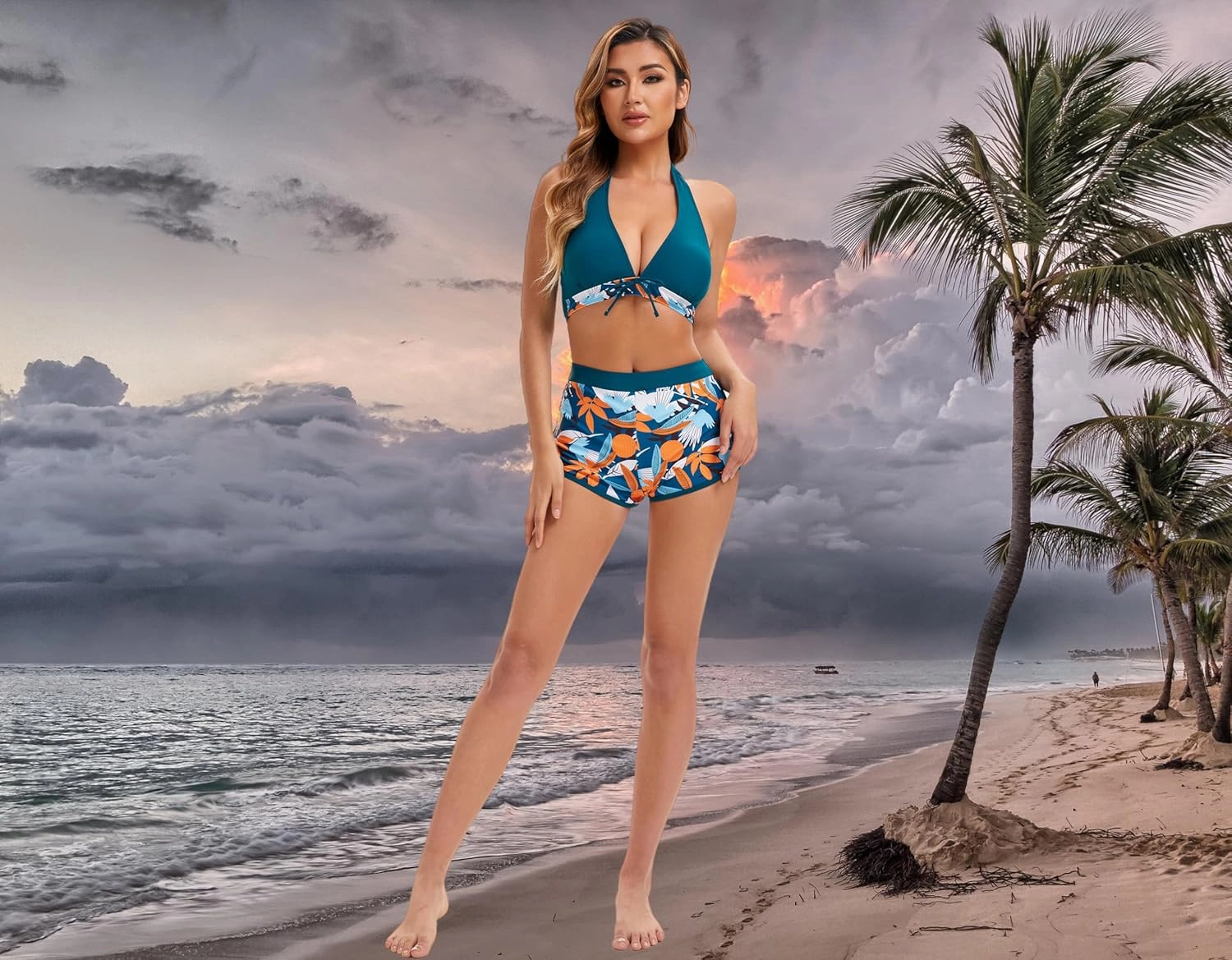 Women Two Piece Swimsuit Bathing Suits Floral Tropical High Waisted Beachwear Board Shorts Halter Tops