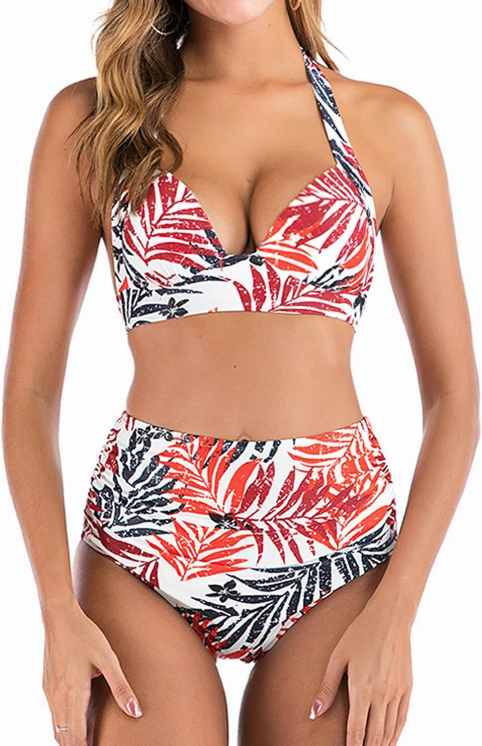 Women Two Piece Swimsuit Vintage Halter Bikini High Waist Tummy Control Bathing Suit