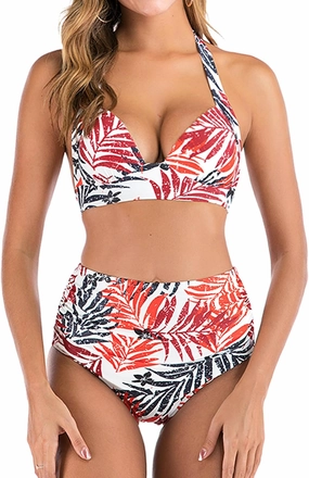 Women Two Piece Swimsuit Vintage Halter Bikini High Waist Tummy Control Bathing Suit