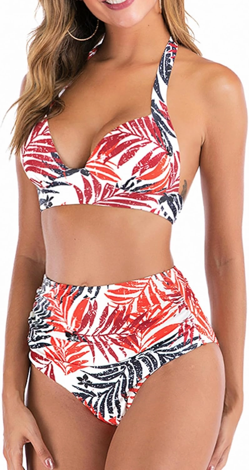 Women Two Piece Swimsuit Vintage Halter Bikini High Waist Tummy Control Bathing Suit