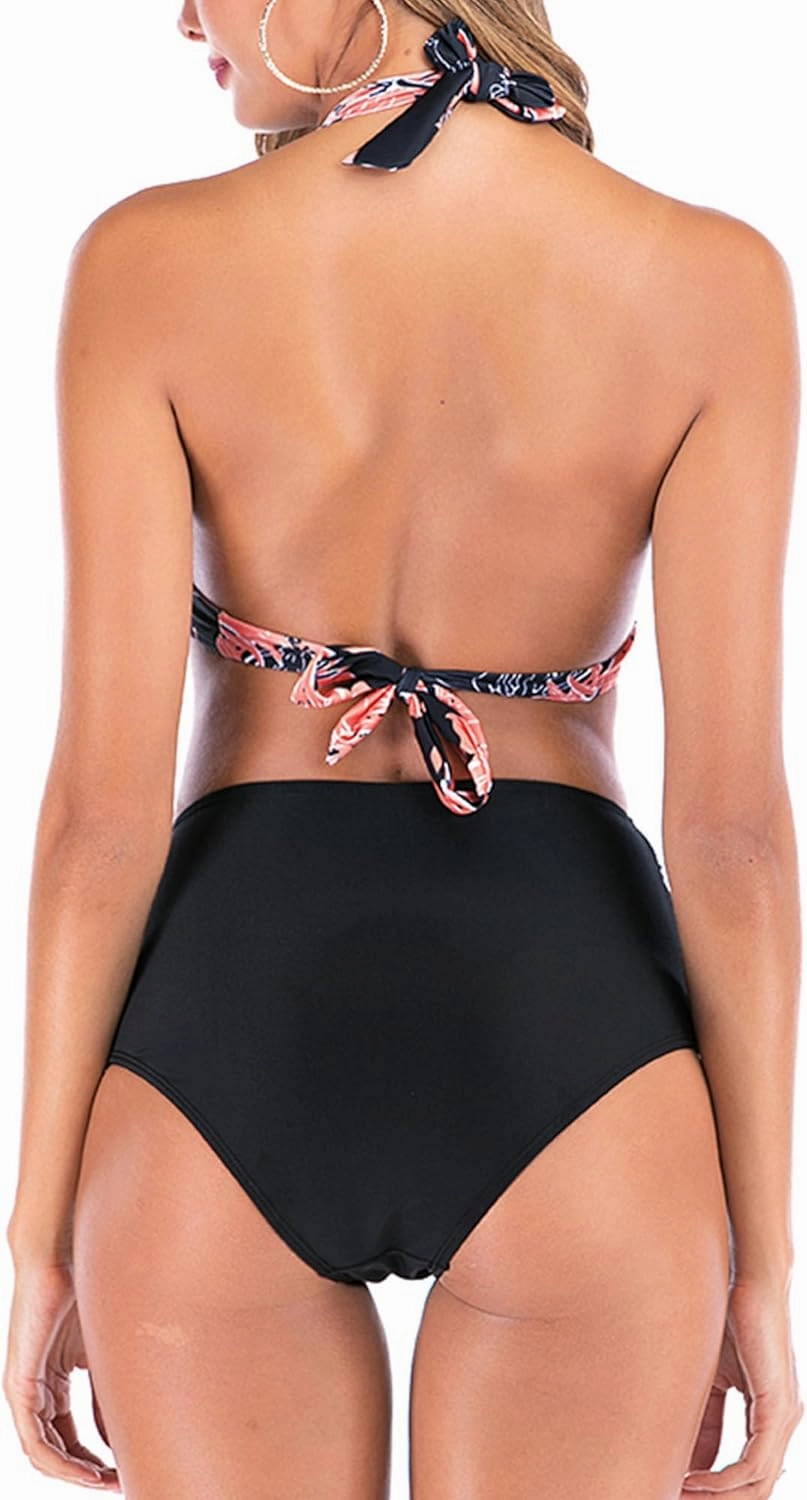 Women Two Piece Swimsuit Vintage Halter Bikini High Waist Tummy Control Bathing Suit