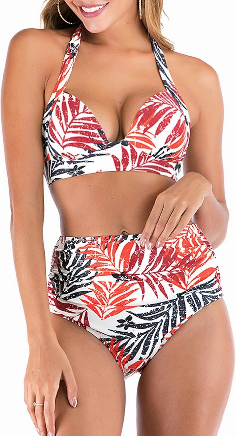 Women Two Piece Swimsuit Vintage Halter Bikini High Waist Tummy Control Bathing Suit