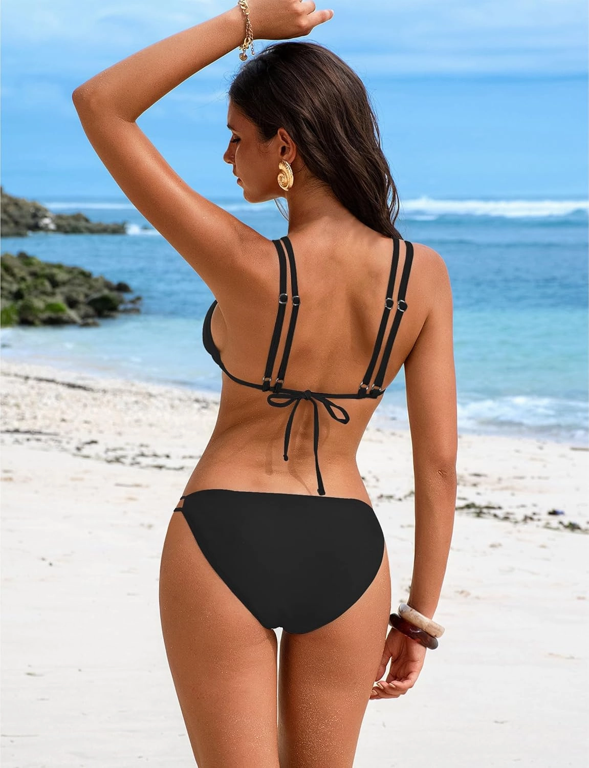 Women Two Piece Triangle Bikini Sets Sexy Adjustable Straps Back Tie Swimsuit Trendy Double-Strap Bathing Suits