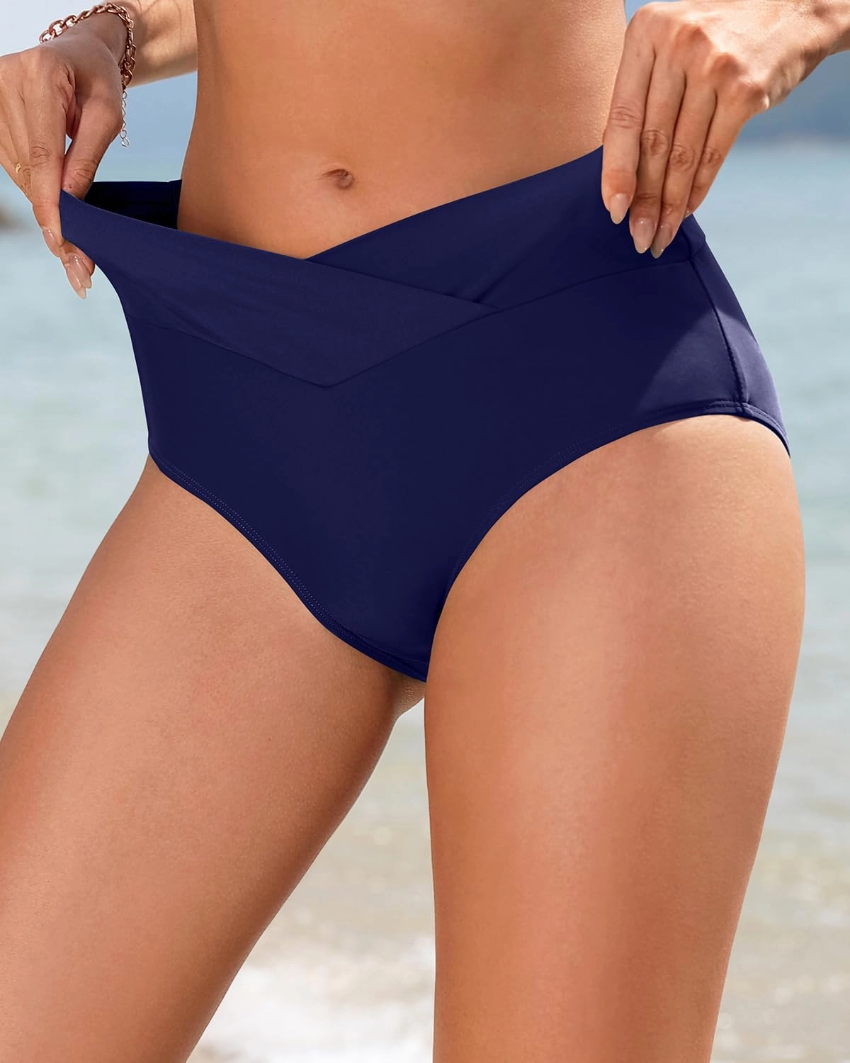 Women V Cut Full Coverage Bikini Bottom - High Waist Swim Bathing Suit Bottoms Cross V Front Swimsuit