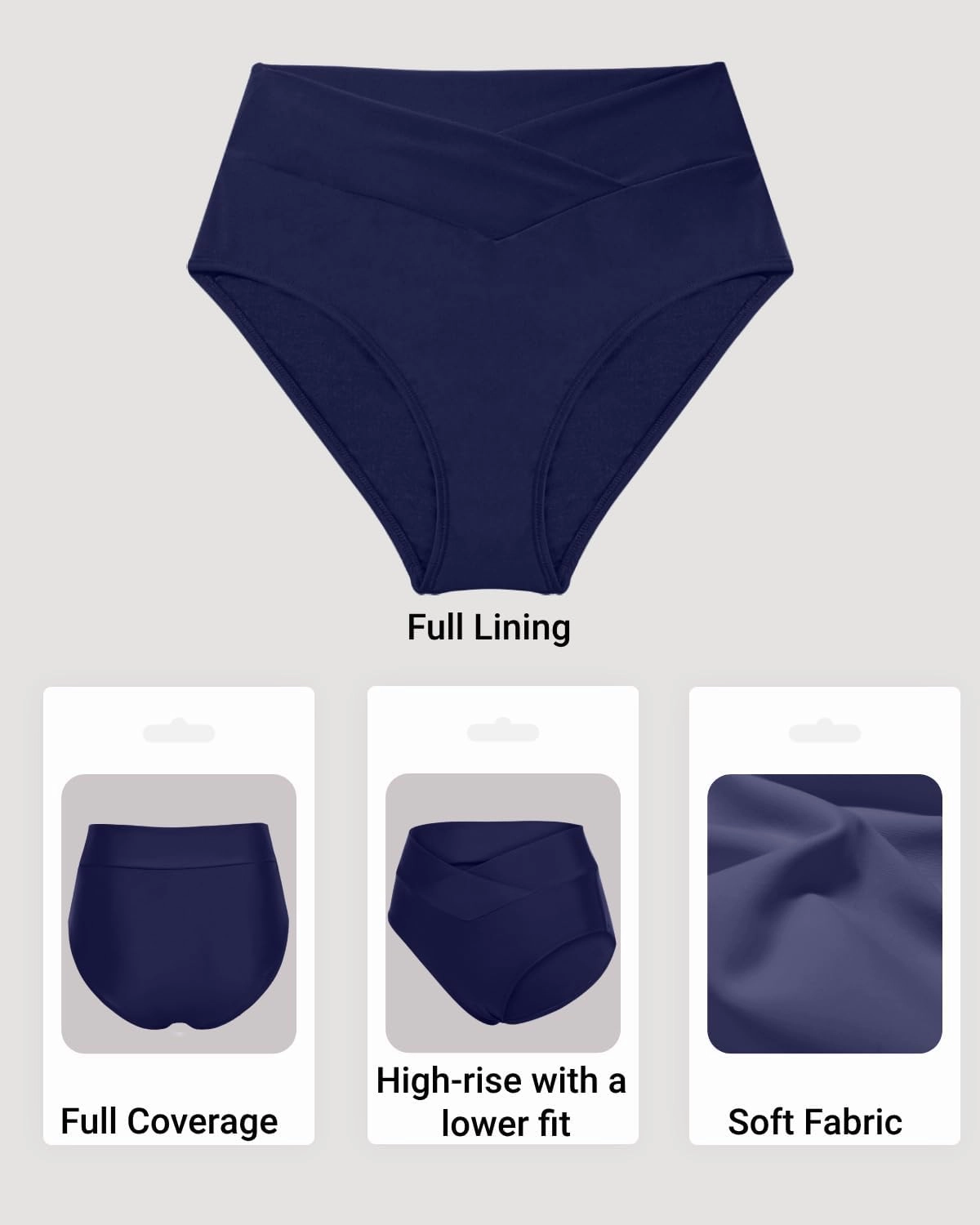 Women V Cut Full Coverage Bikini Bottom - High Waist Swim Bathing Suit Bottoms Cross V Front Swimsuit