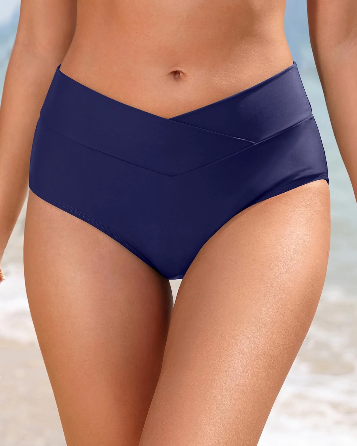 Women V Cut Full Coverage Bikini Bottom - High Waist Swim Bathing Suit Bottoms Cross V Front Swimsuit