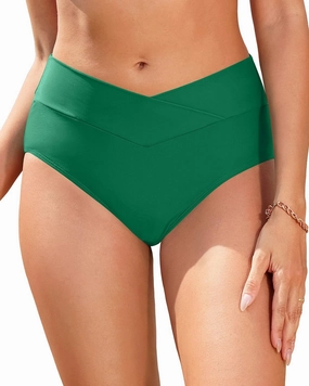 Women V Cut Full Coverage Bikini Bottom - High Waist Swim Bathing Suit Bottoms Cross V Front Swimsuit