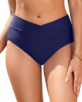 Women V Cut Full Coverage Bikini Bottom - High Waist Swim Bathing Suit Bottoms Cross V Front Swimsuit