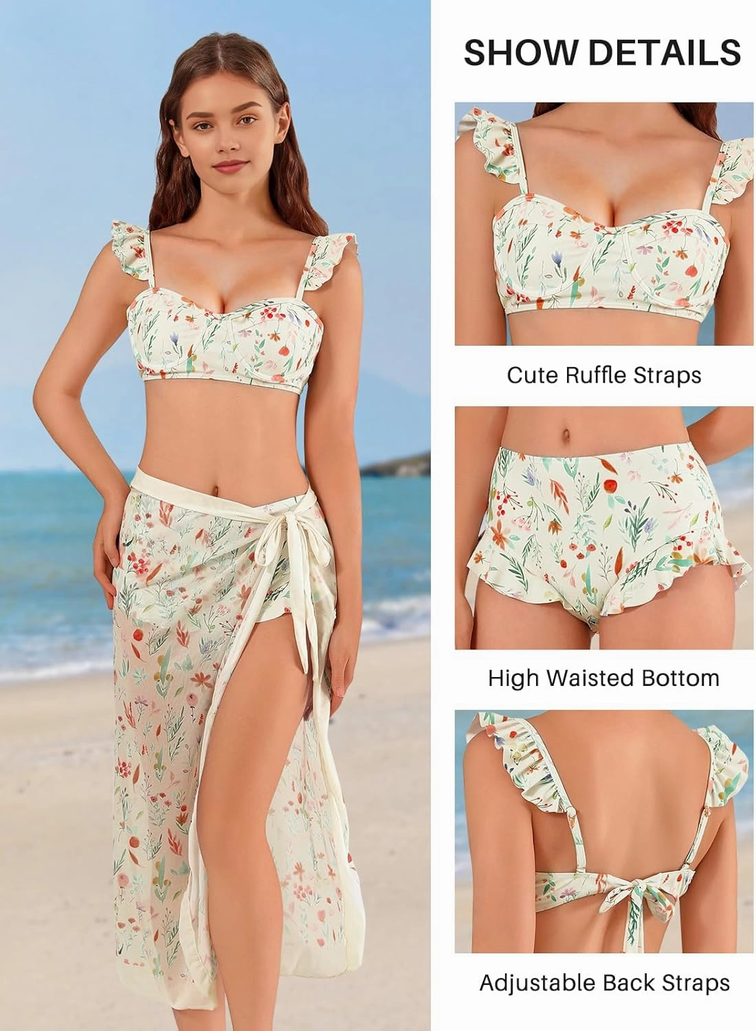 Womens 3 Piece Swimsuits with Cover Up 3 Pieces Bikini Set with Sarong High Waisted Bikini with Beach Cover Up Set