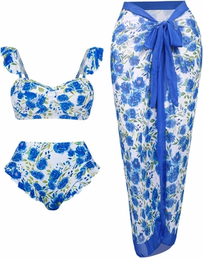 Womens 3 Piece Swimsuits with Cover Up 3 Pieces Bikini Set with Sarong High Waisted Bikini with Beach Cover Up Set