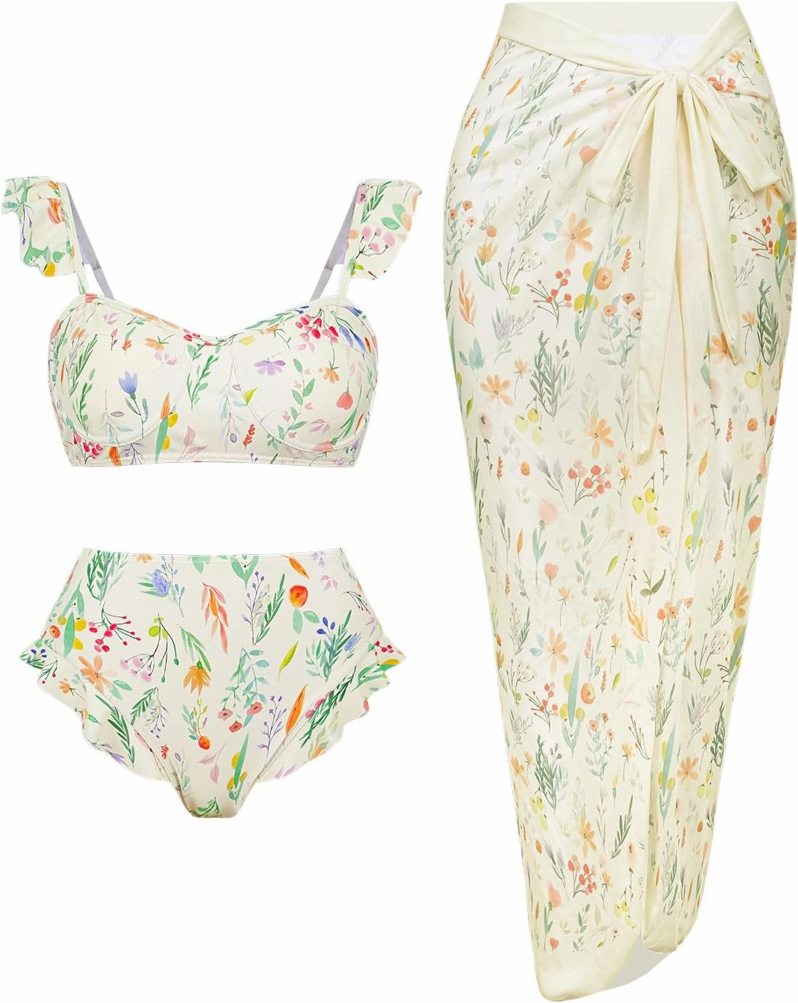 Womens 3 Piece Swimsuits with Cover Up 3 Pieces Bikini Set with Sarong High Waisted Bikini with Beach Cover Up Set