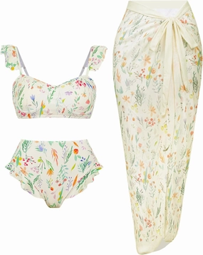 Womens 3 Piece Swimsuits with Cover Up 3 Pieces Bikini Set with Sarong High Waisted Bikini with Beach Cover Up Set