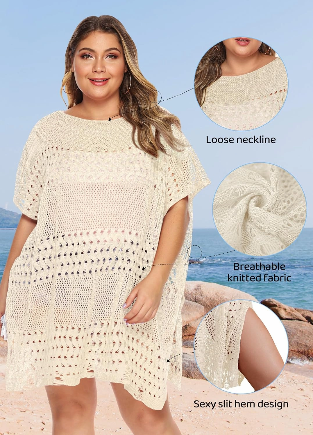 Womens Beach Cover Up Hollow Out, Plus Size Swimsuit Coverup Crochet Bathing Suit Cover ups Bikini Summer Beachwear Dress