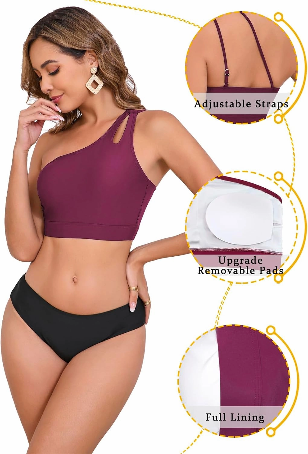 Womens Bikini Tops Push Up Bathing Suit Top One Shoulder Swimsuit Tops Full Coverage Swim Top Only