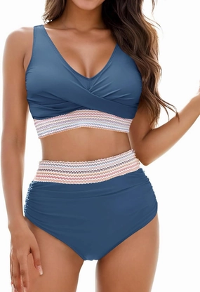 Womens High Waisted Bikini Set Tummy Control Color Block Bathing Suits Twist Front Two Piece Swimsuits