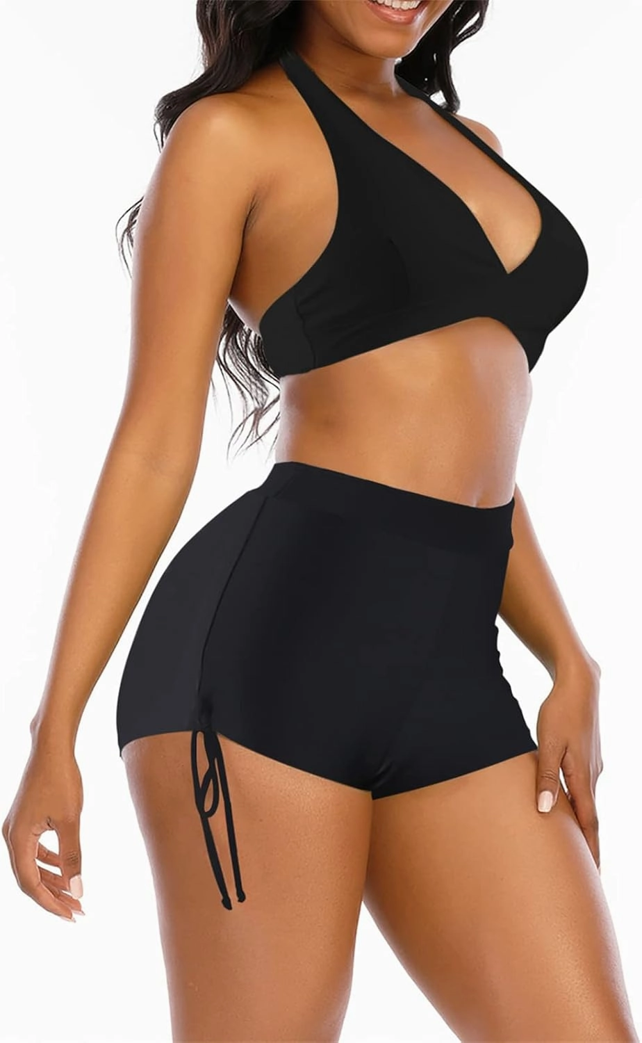 Womens High Waisted Swimsuits with Boy Shorts Brazilian Triangle Top Stripes Halter Bikini Two Piece Bathing Suits
