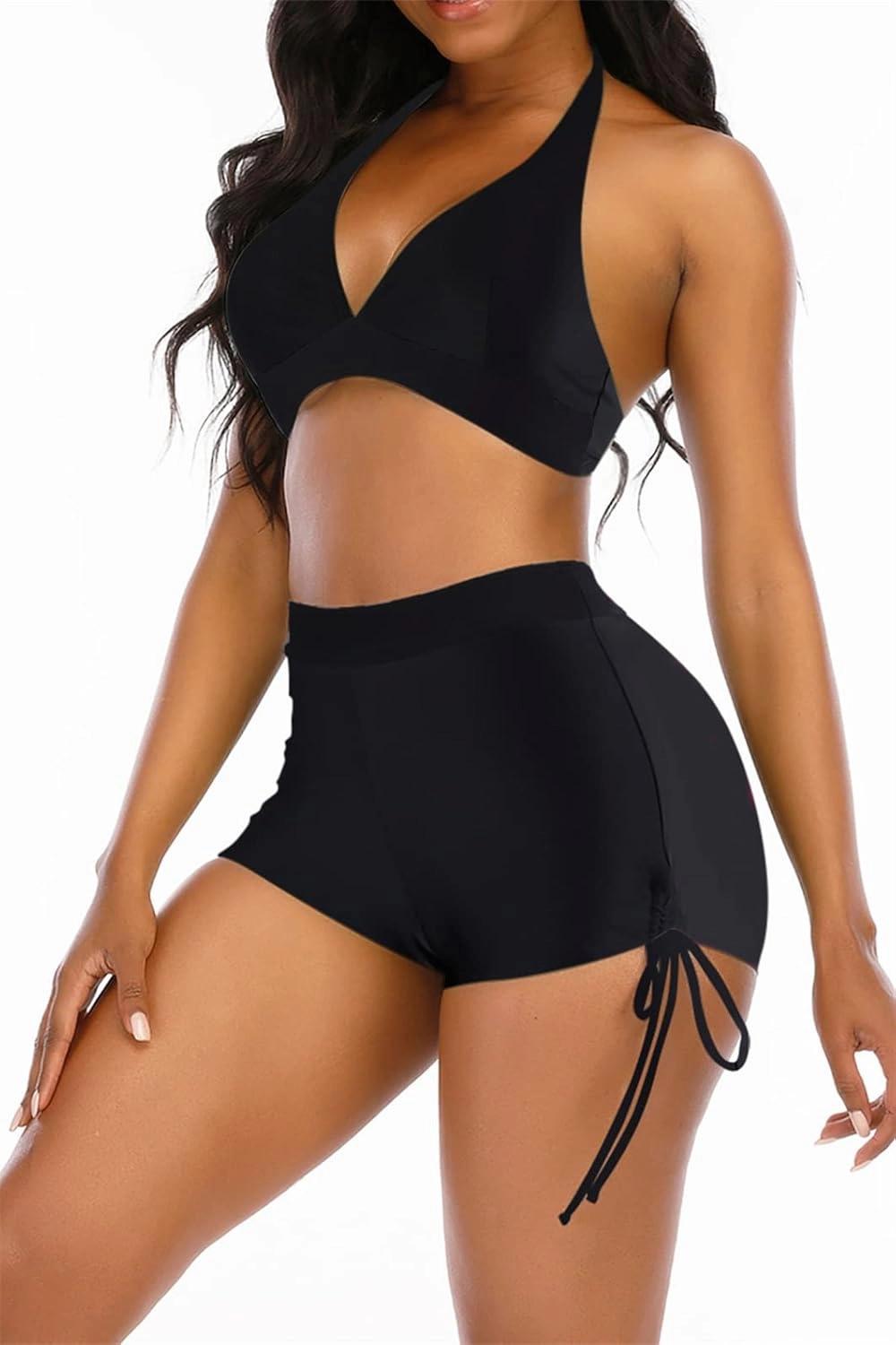 Womens High Waisted Swimsuits with Boy Shorts Brazilian Triangle Top Stripes Halter Bikini Two Piece Bathing Suits