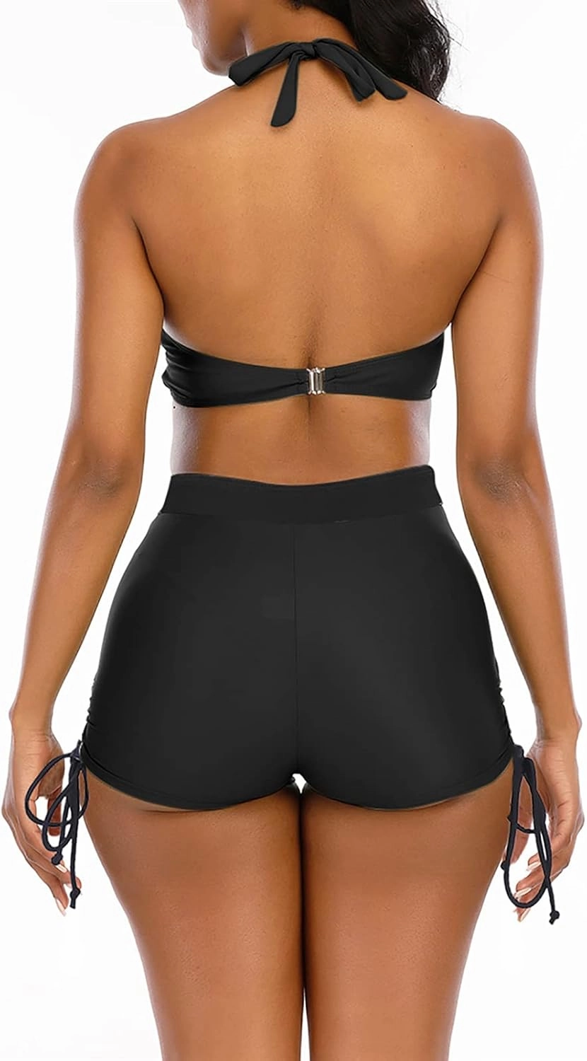 Womens High Waisted Swimsuits with Boy Shorts Brazilian Triangle Top Stripes Halter Bikini Two Piece Bathing Suits