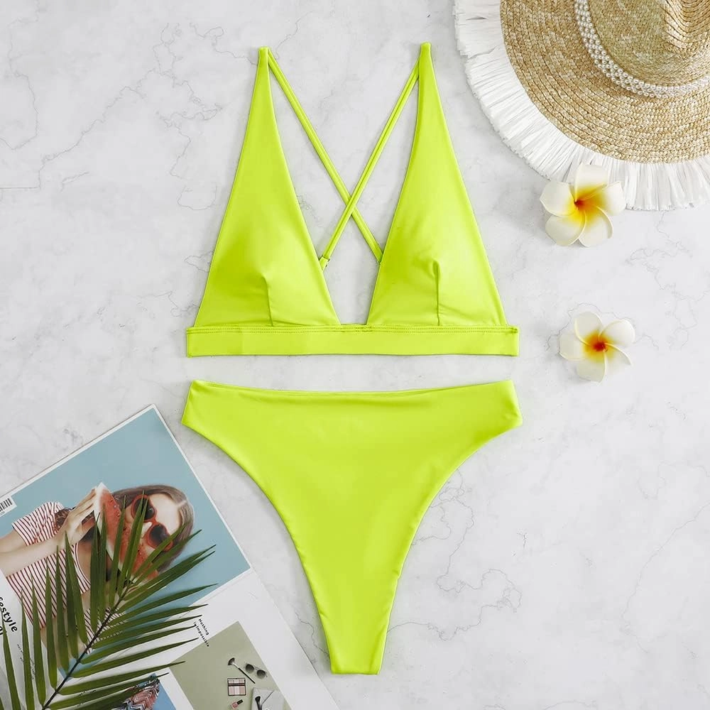 Womens High Waisted Thong Bikini Sets Sexy Brazilian Triangle Top Deep V Neck Two Piece Swimsuit Bathing Suits