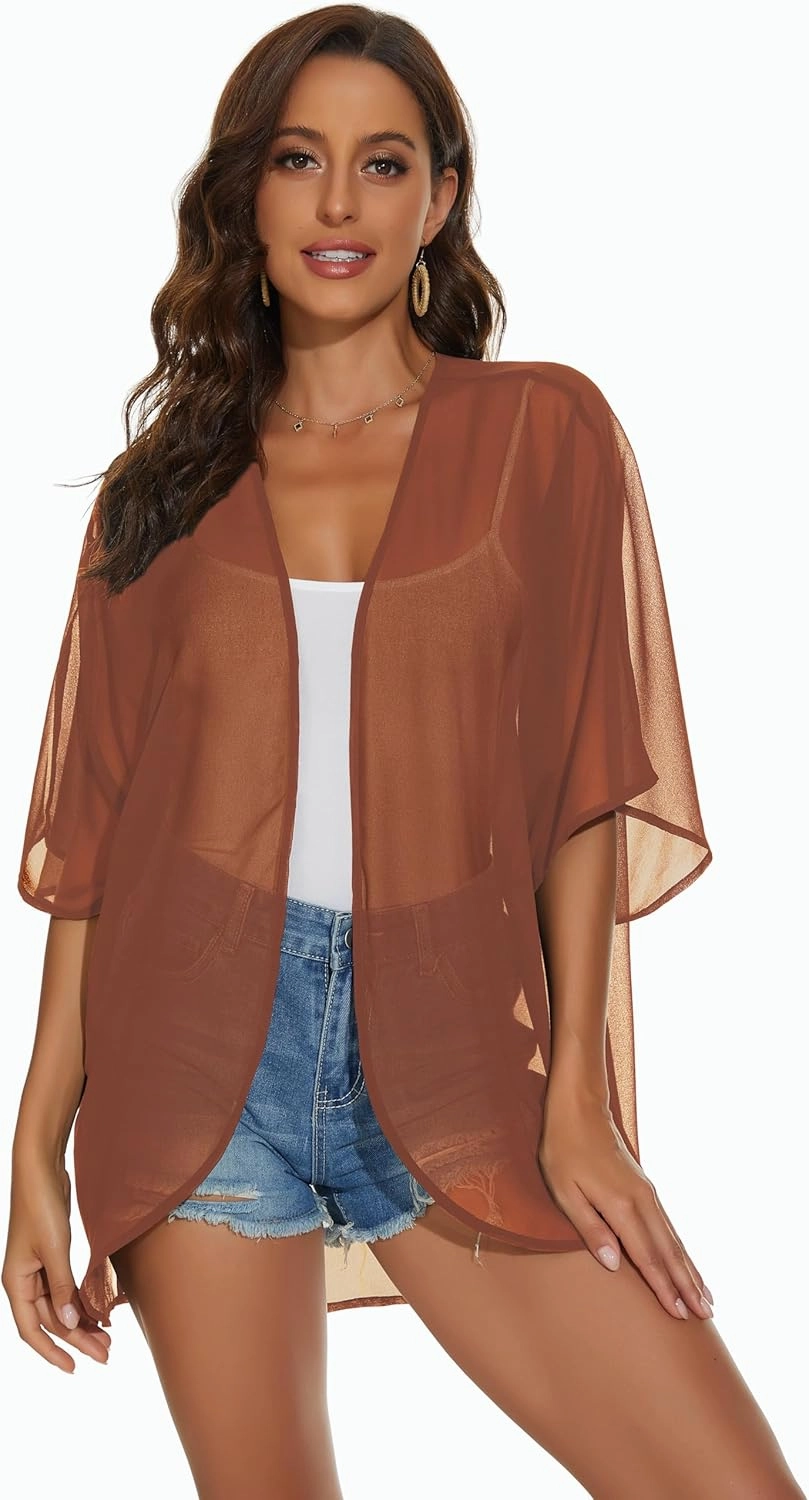 Womens Kimono Cardigans Beach Cover ups Swimwear Puff Sleeve Loose Casual Summer Tops