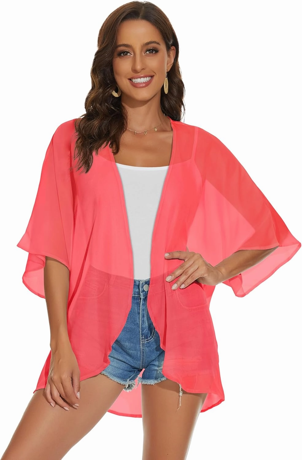 Womens Kimono Cardigans Beach Cover ups Swimwear Puff Sleeve Loose Casual Summer Tops