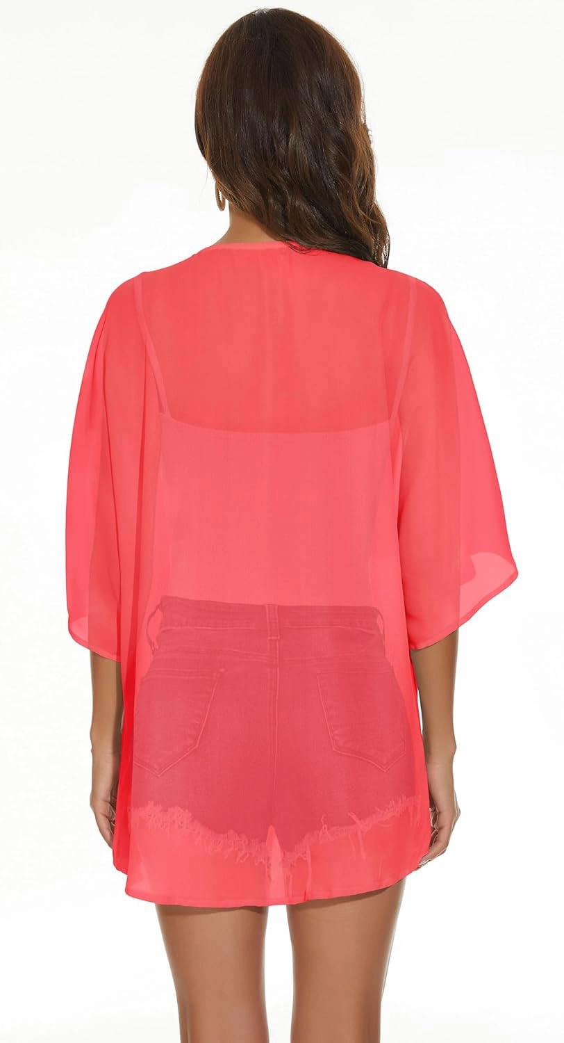 Womens Kimono Cardigans Beach Cover ups Swimwear Puff Sleeve Loose Casual Summer Tops