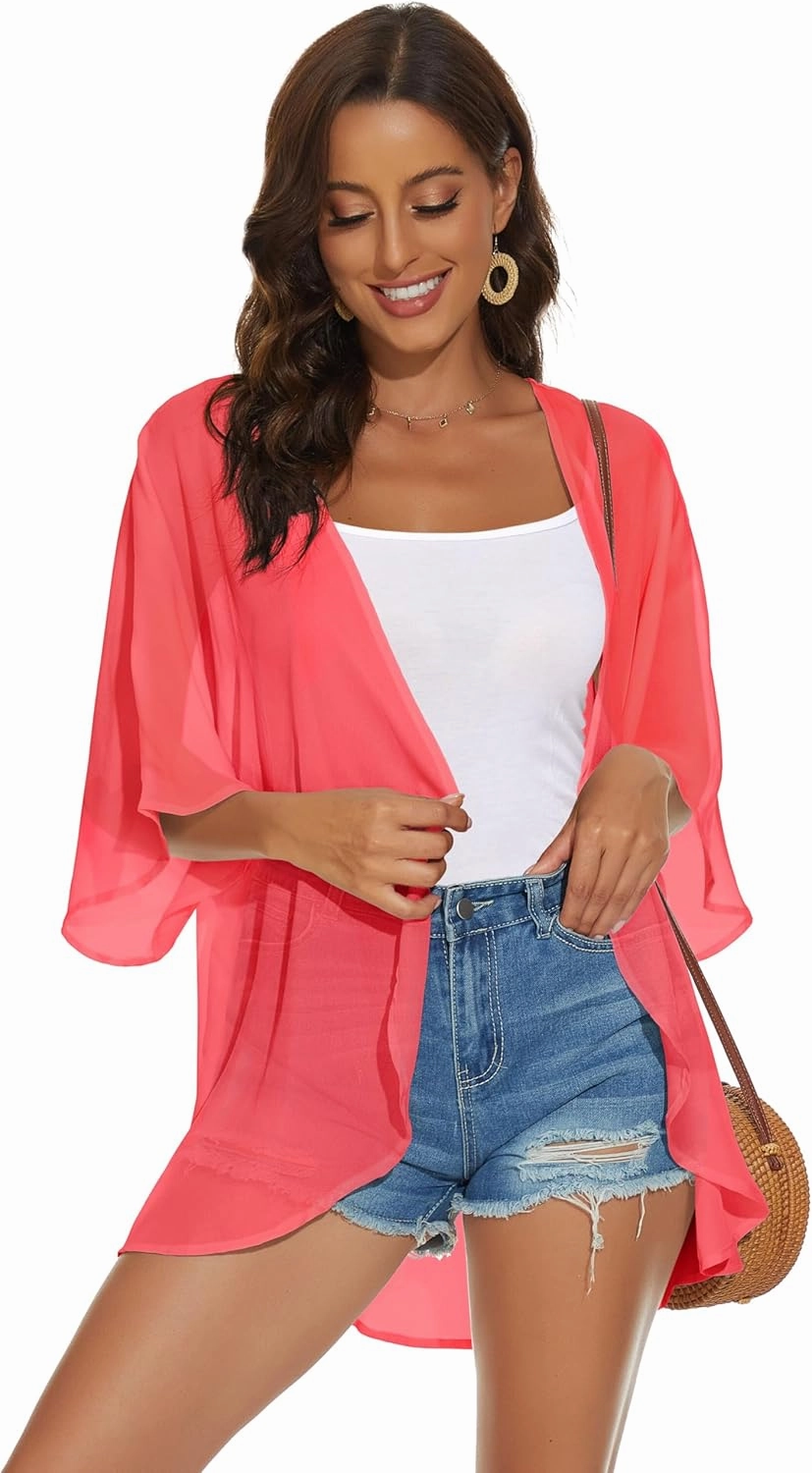 Womens Kimono Cardigans Beach Cover ups Swimwear Puff Sleeve Loose Casual Summer Tops