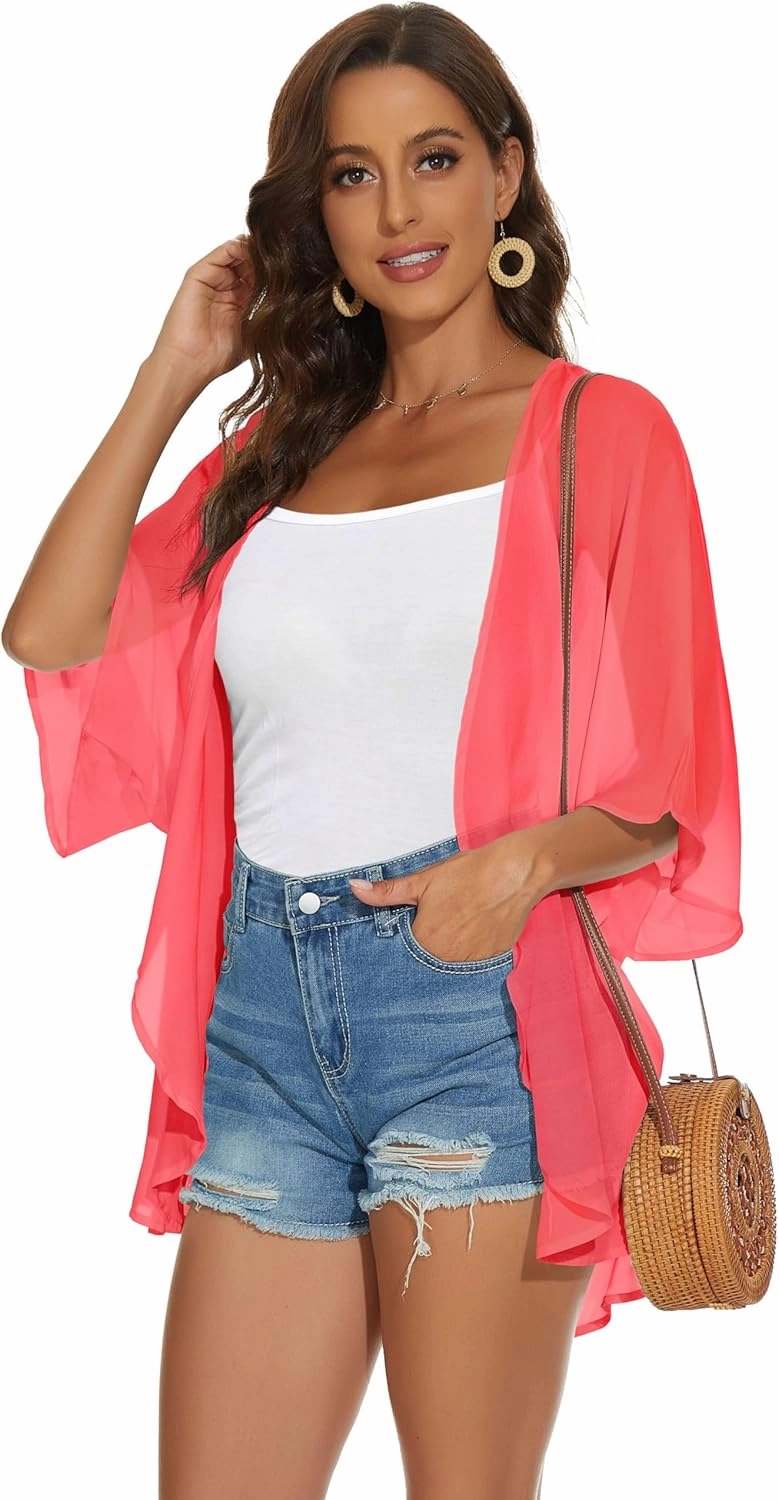 Womens Kimono Cardigans Beach Cover ups Swimwear Puff Sleeve Loose Casual Summer Tops