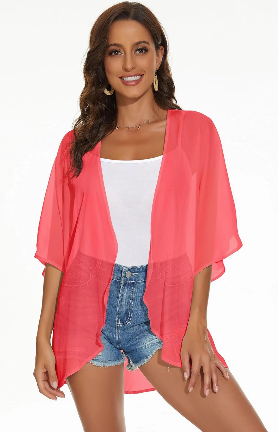 Womens Kimono Cardigans Beach Cover ups Swimwear Puff Sleeve Loose Casual Summer Tops