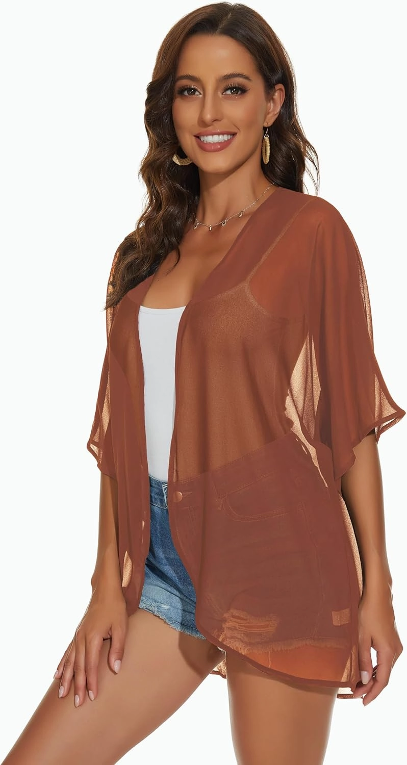 Womens Kimono Cardigans Beach Cover ups Swimwear Puff Sleeve Loose Casual Summer Tops