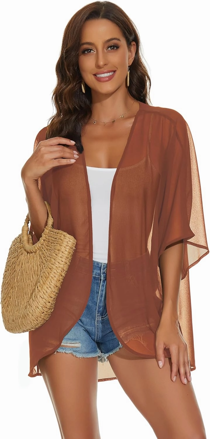 Womens Kimono Cardigans Beach Cover ups Swimwear Puff Sleeve Loose Casual Summer Tops