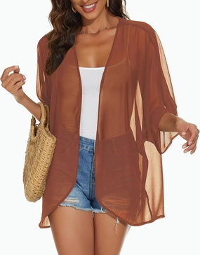 Womens Kimono Cardigans Beach Cover ups Swimwear Puff Sleeve Loose Casual Summer Tops