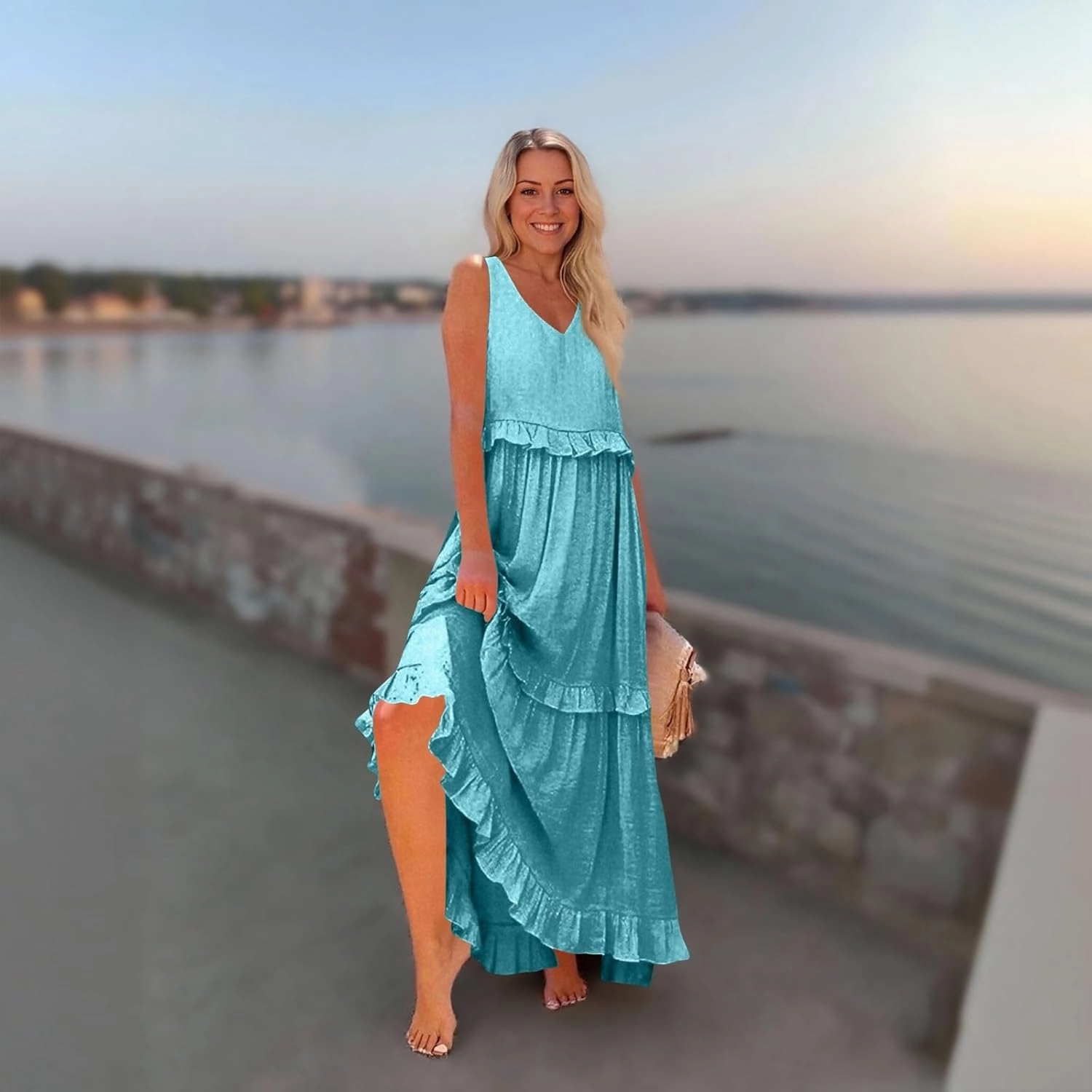 Womens Maxi Dress Sleeveless Sexy Tiered Flowy Summer Tank Dresses Loose Smocked Ruffle Swing Beach Long Sundress