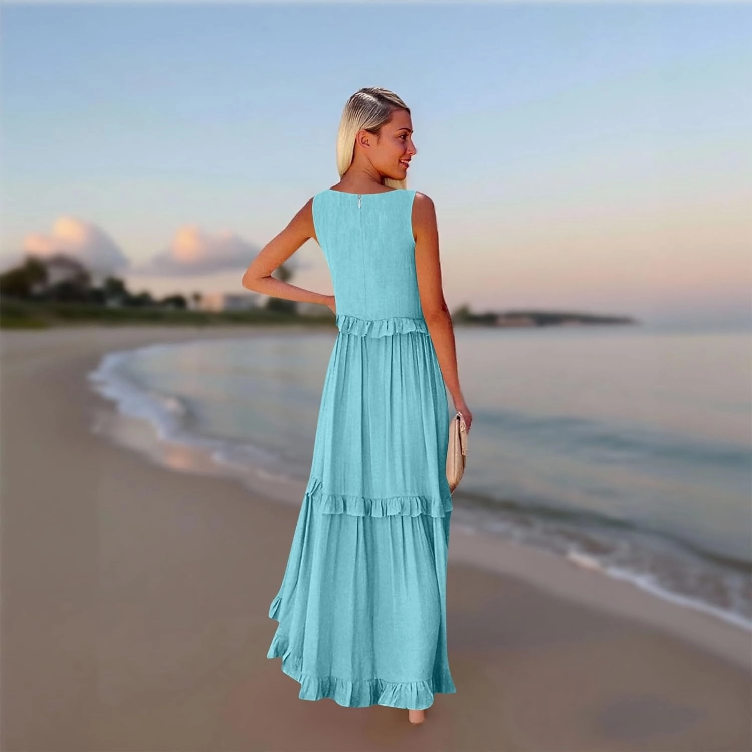 Womens Maxi Dress Sleeveless Sexy Tiered Flowy Summer Tank Dresses Loose Smocked Ruffle Swing Beach Long Sundress