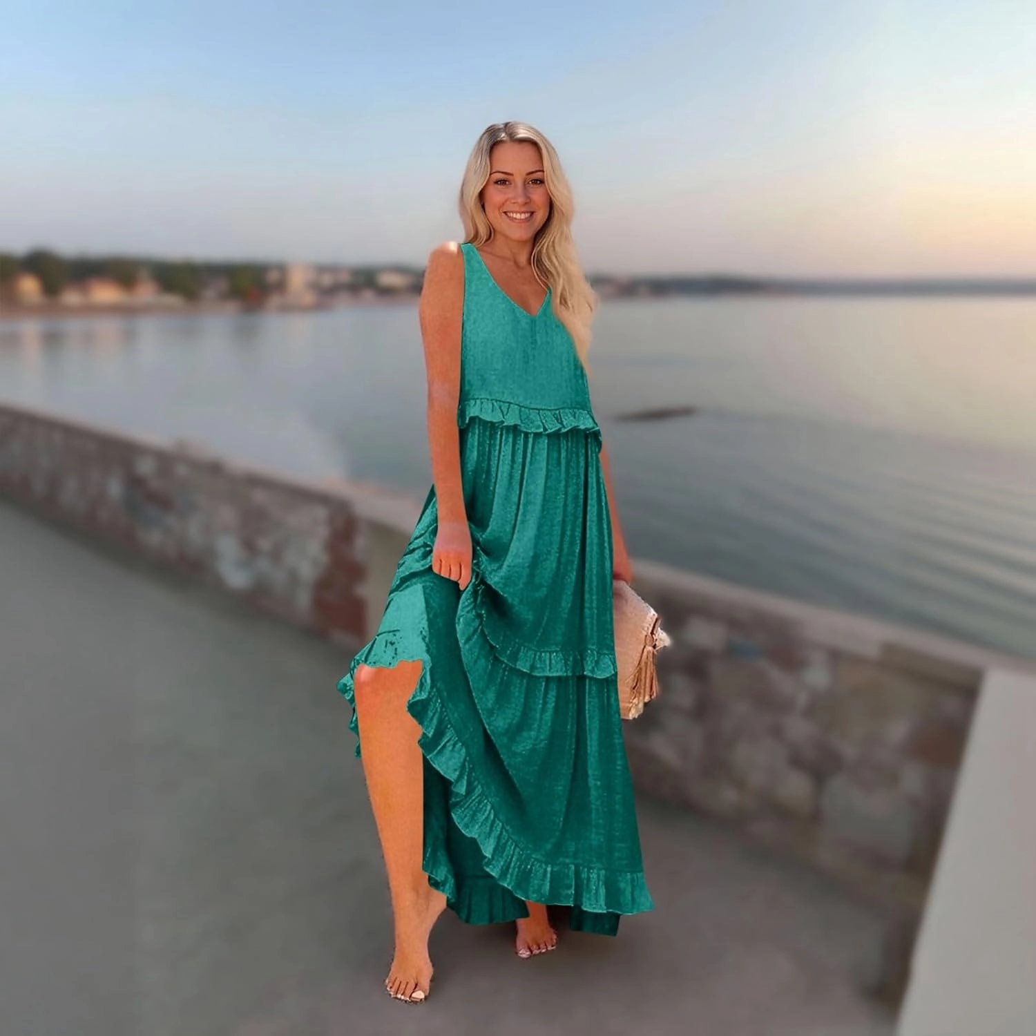 Womens Maxi Dress Sleeveless Sexy Tiered Flowy Summer Tank Dresses Loose Smocked Ruffle Swing Beach Long Sundress