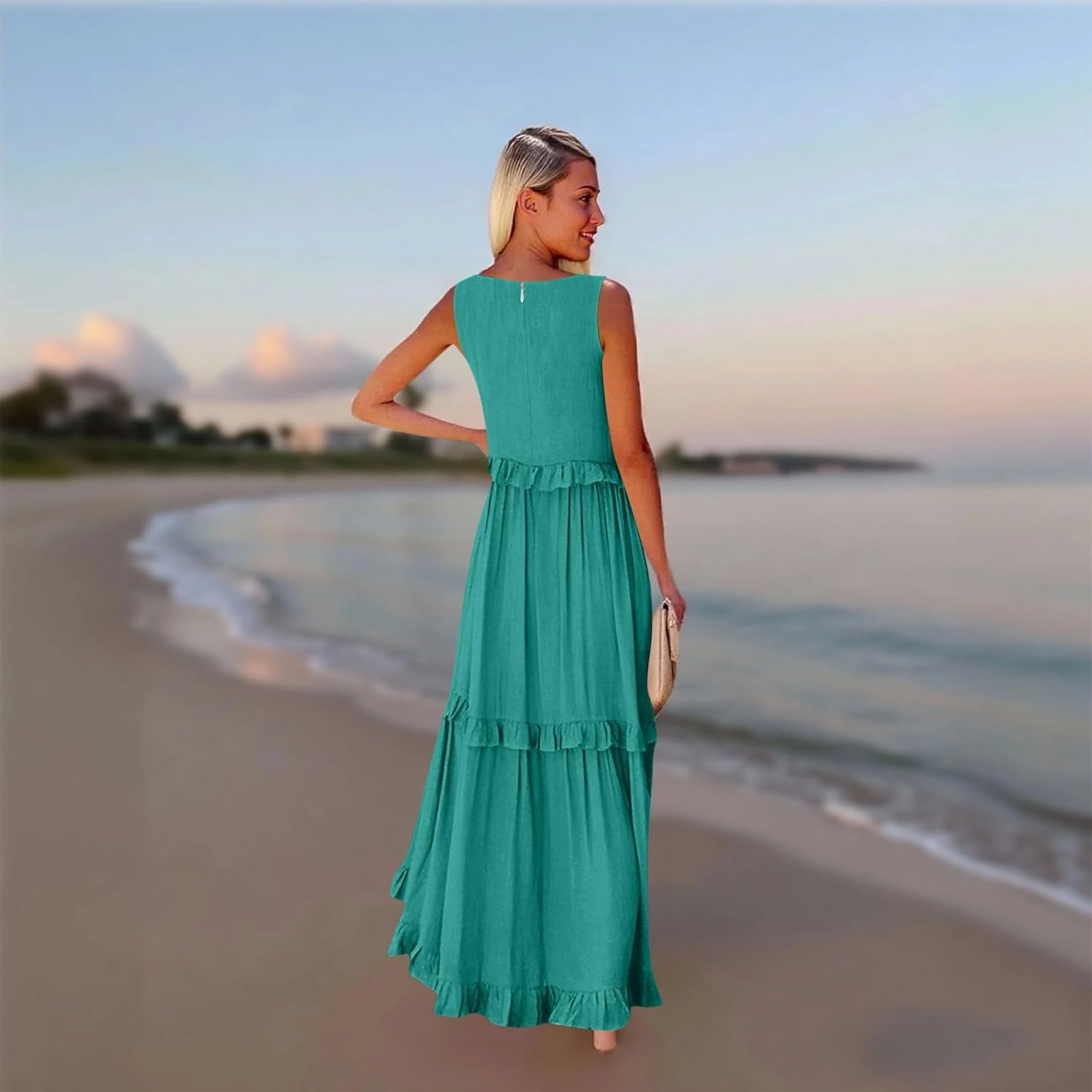 Womens Maxi Dress Sleeveless Sexy Tiered Flowy Summer Tank Dresses Loose Smocked Ruffle Swing Beach Long Sundress