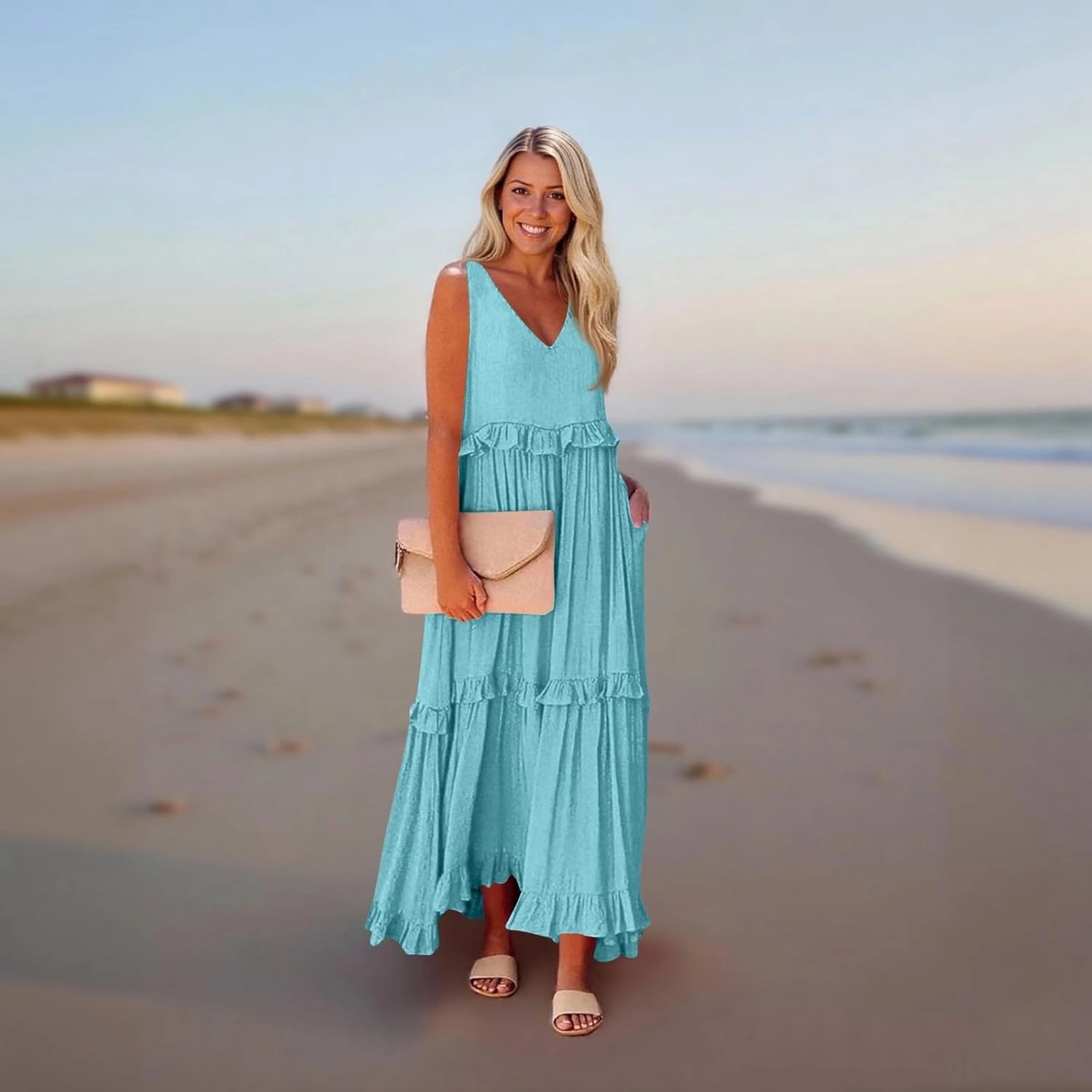 Womens Maxi Dress Sleeveless Sexy Tiered Flowy Summer Tank Dresses Loose Smocked Ruffle Swing Beach Long Sundress