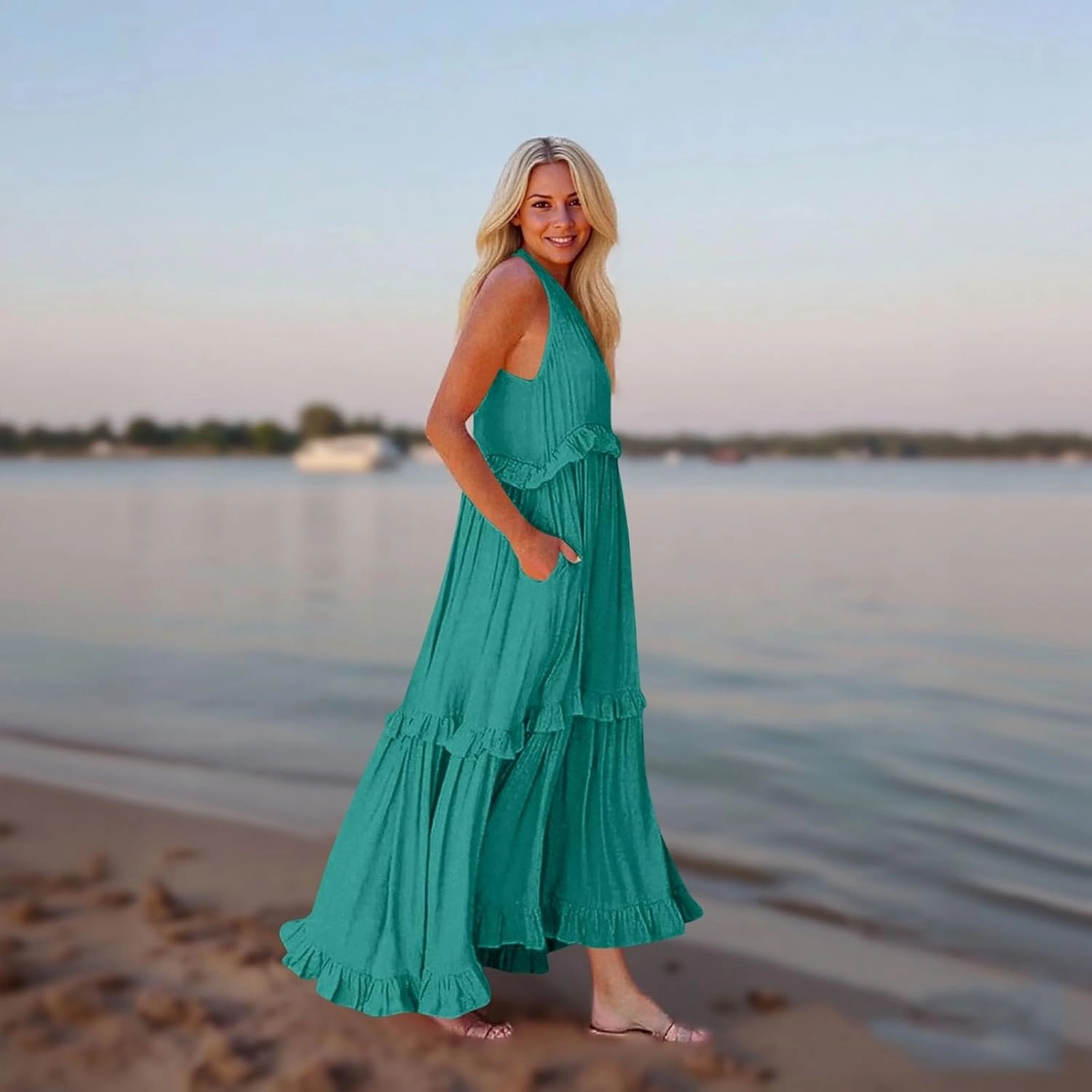 Womens Maxi Dress Sleeveless Sexy Tiered Flowy Summer Tank Dresses Loose Smocked Ruffle Swing Beach Long Sundress